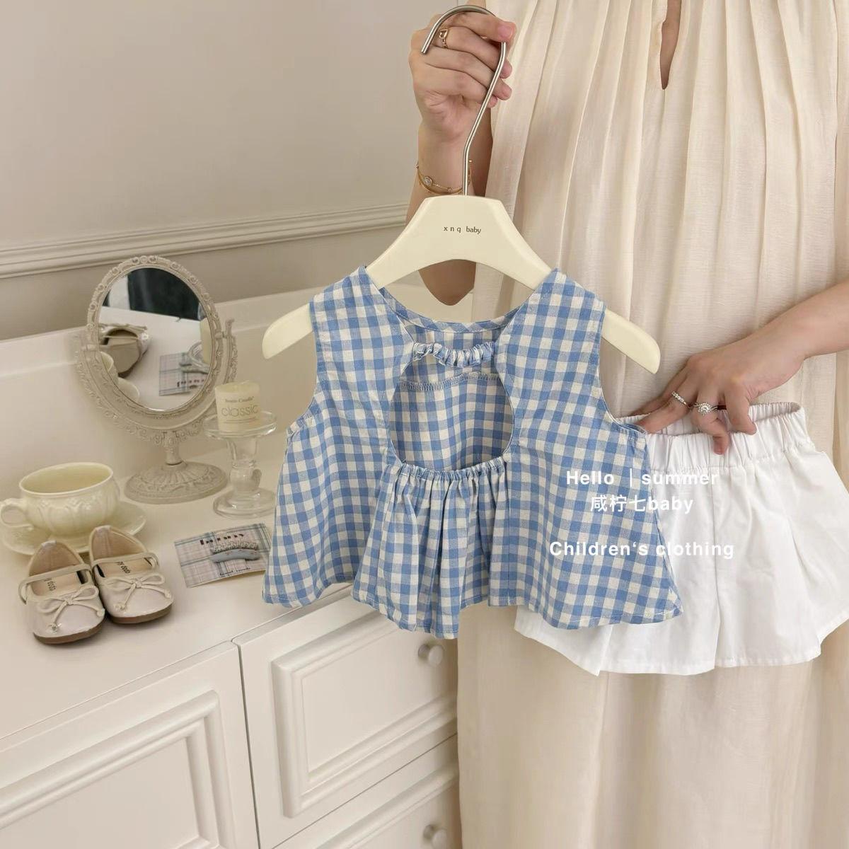 Girls Summer Blue Gingham Backless Top with White Washed Denim Shorts Set 80
