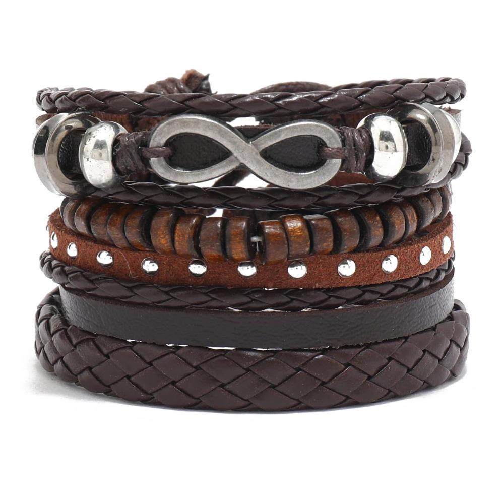 Braided Leather Bracelets for Men Vintage Life Tree Charm Wood Beads Ethnic Tribal Wristband Rope Bracelet Set