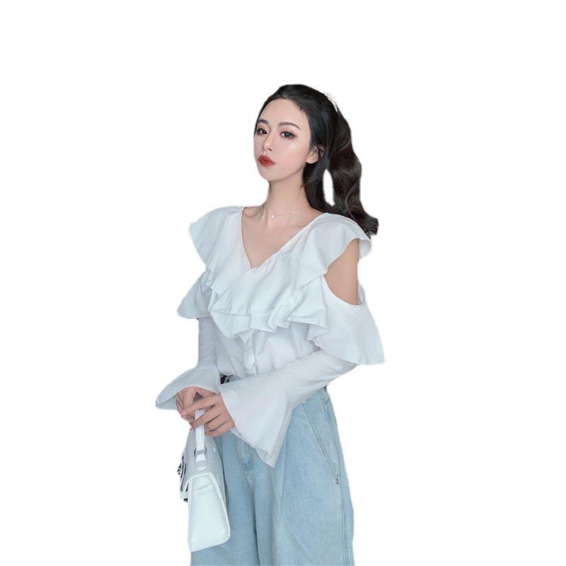 Autumn new flared sleeve shirt women's V-neck ruffle edge shirt pure desire wind hollow off the shoulder loose and thin top