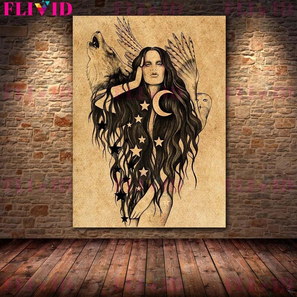 Wolf Woman And And Moon Wicca Vintage Wall Art Canvas Painting Daughters Of The Moon Art Poster And Print Home Decor No Frame