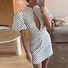 2026 Womens Polka Dot Cutout Puff Sleeve Mini Dress High Waist Slim Fit Casual Elegant Office Wear
