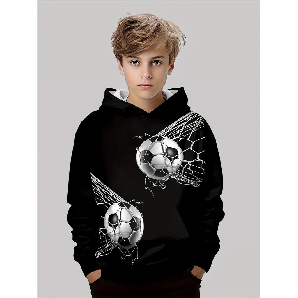 Boys' 3D Printed Football and Spider Web Pattern Hoodie - Black Casual Long Sleeve Sports Top