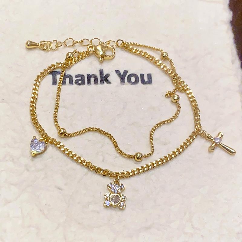 18K Gold-Plated Zircon Bear Cross Bracelet - Fashionable, Versatile Luxury Jewelry for Women