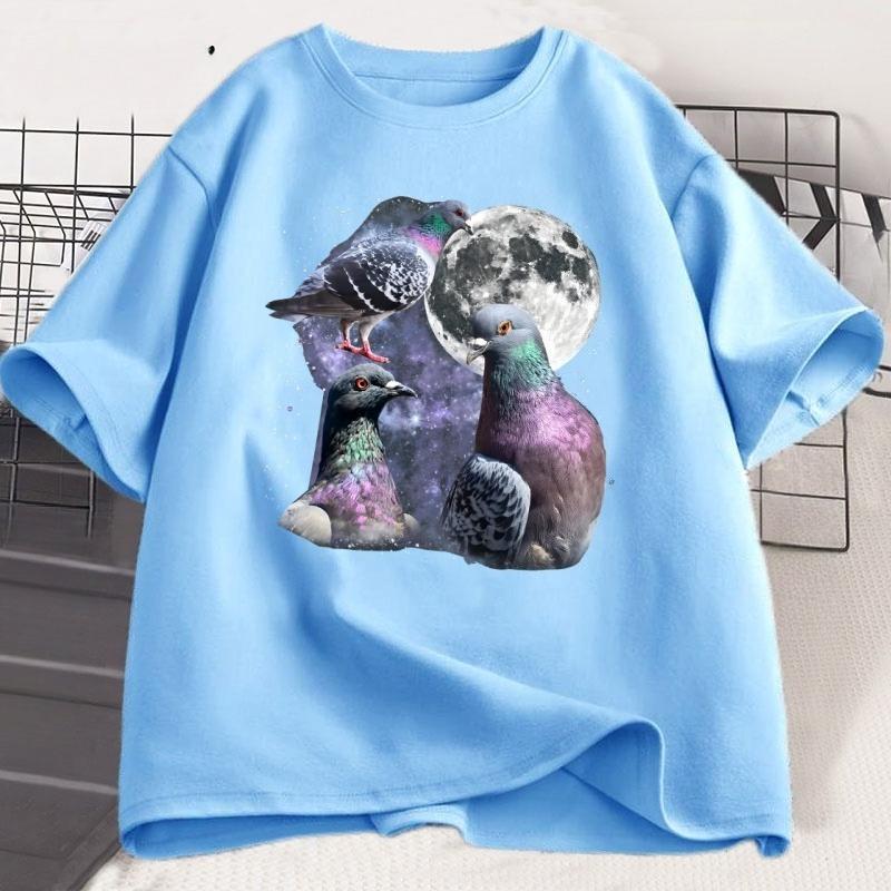 Tre T-shirt Grafiche Retrò con Piccioni T-shirt Piccione Luna Maglietta Uccello Oversize Unisex Donna Cotone Stampato Manica Corta Abbigliamento Top