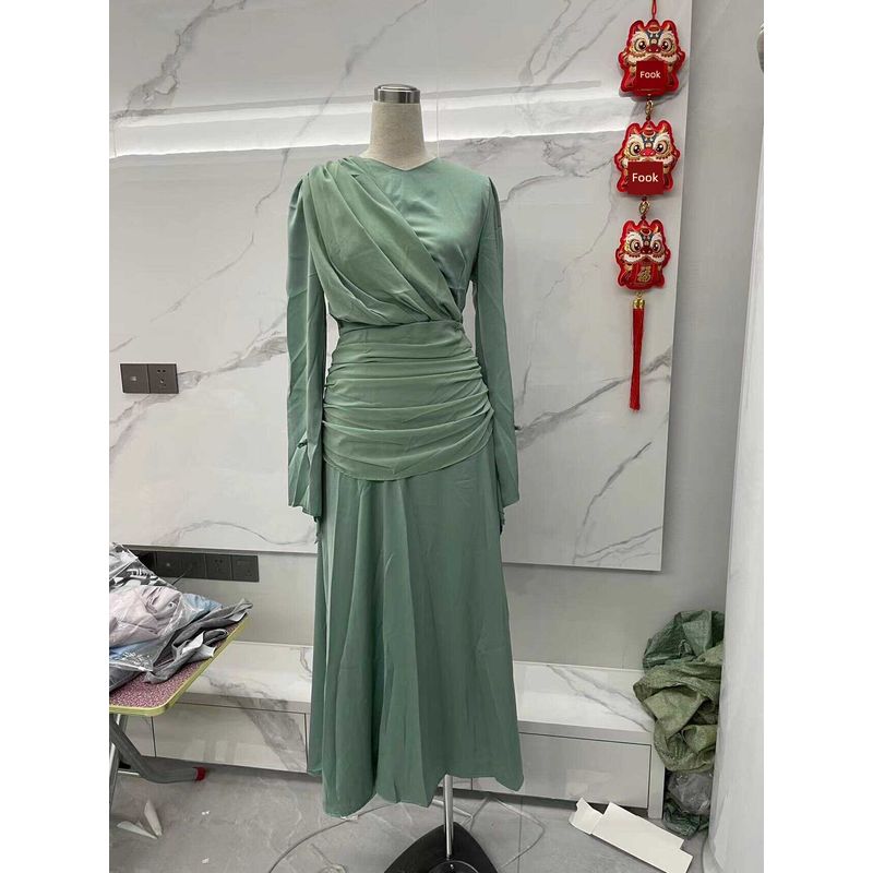 

European and American Cross-Border Foreign Trade Temperament Slightly Flared Pleat Cross Overlay Bandage Waist Slim fit Patchwork High Waist Dress Ocean Green 2XL