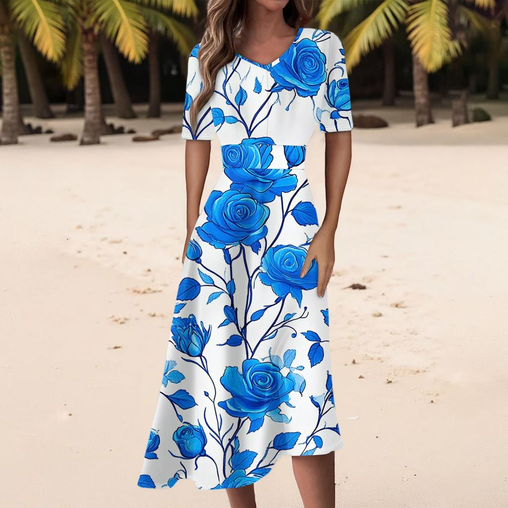 Damen Freizeitmode Kleid mit Blumendruck, V-Ausschnitt, kurzen Ärmeln und taillenlang
