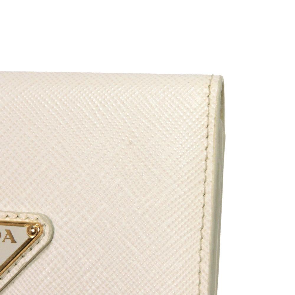 Used 11569 Saffiano Triangle Card Holder 1MC110 QHH F0009 7946 Current Calfskin White Bifold RFID Logo Bianco Unisex