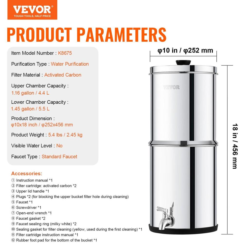 Gravity-fed Water Filter System, 1.5G 304 Stainless-Steel Countertop System, Water Filtration System, Reduces Lead and Up To 99% of Chlorine, with 2