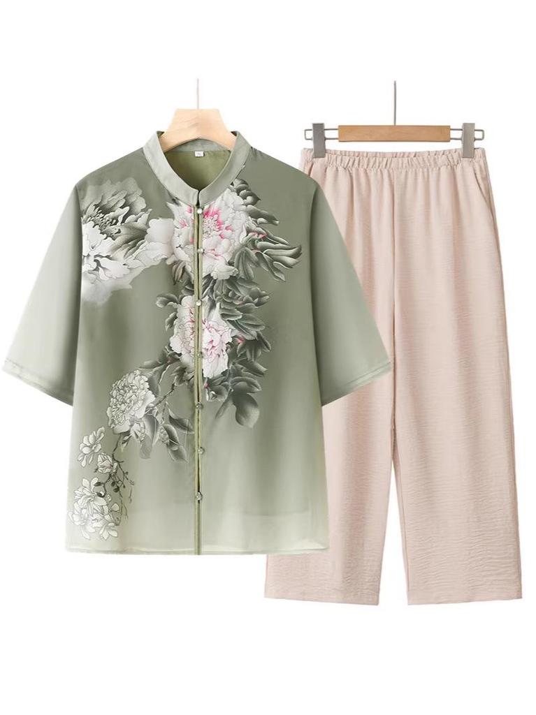 Summer Style Chiffon Cardigan for Elderly Mothers - Mid-Sleeve Chinese Design