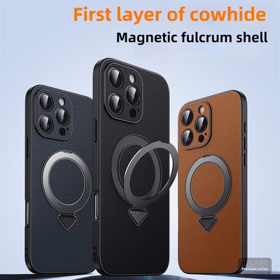 Magnetic Suction Bracket Leather Case for iPhone 16 Pro Max 16 Plus 15 Pro Genuine Cowhide Fulcrum Ring Holder Stand Phone Cover