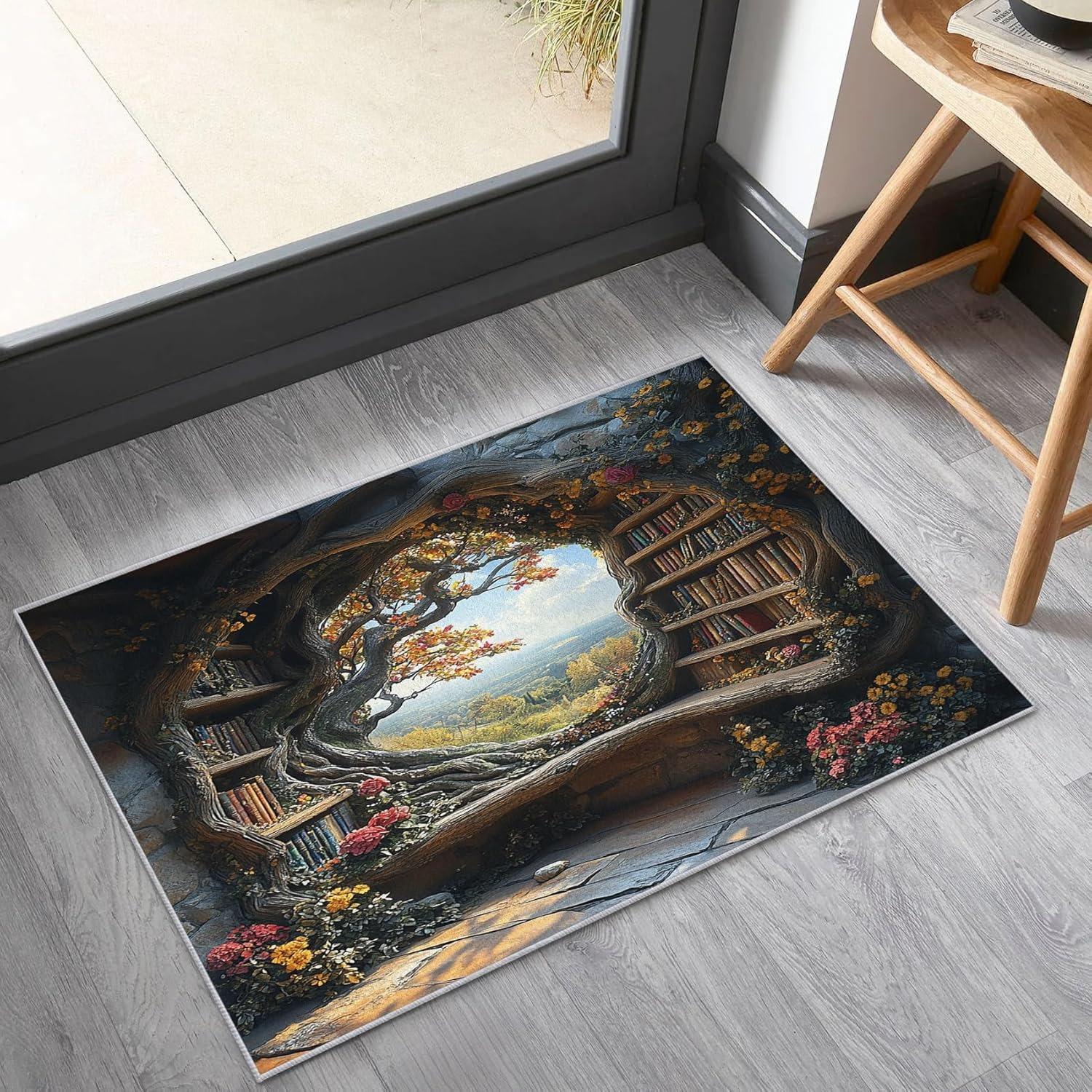

Vintage Style Tree Hollow Bookshelf Door Mat Floral Vines Literary Theme Home Decor Carpet Non-Slip Entrance Rug for Hallway 30x50cm