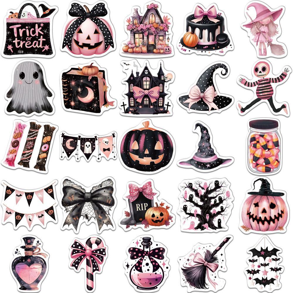 50 Cute Black and Pink Halloween Cartoon Stickers for DIY Decor: Phone Cases, Water Bottles, Notebooks (50 Sheets)
