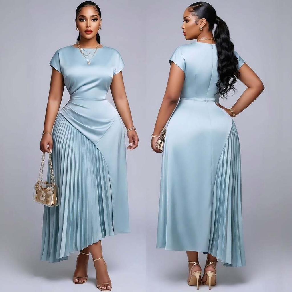 2026 Summer New European and American Cross-border Women's Fashionable Elegant Round Neck Short Sleeve Pleated Slim Mid-Length Dress