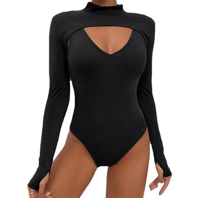 Spring and Summer Women's Jumpsuit Sexy Tight Hollow Black Long Sleeve Jumpsuit