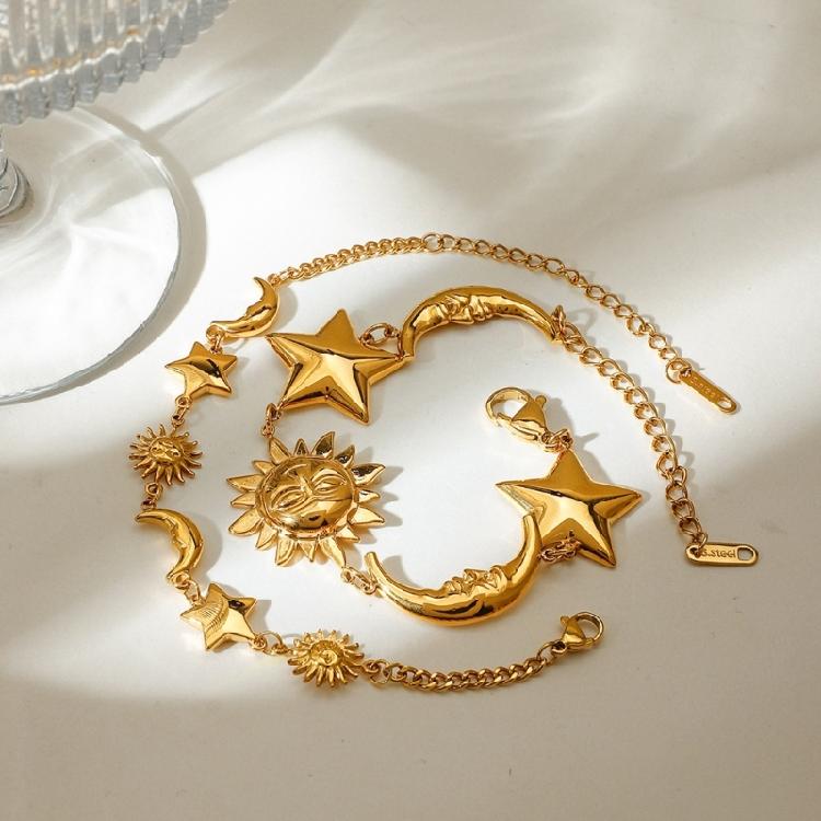 Trendiges Verstellbares 14K Gold Charm Armband Mond Stern Strand Schmuck Verstellbare Charm Kette Handgelenk Dekoration Für Frauen