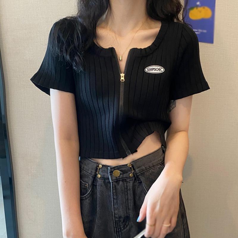 

Тонкая вязаная короткая женская футболка с квадратным вырезом и застежкой-молнией с коротким рукавом-кардиганом One Size