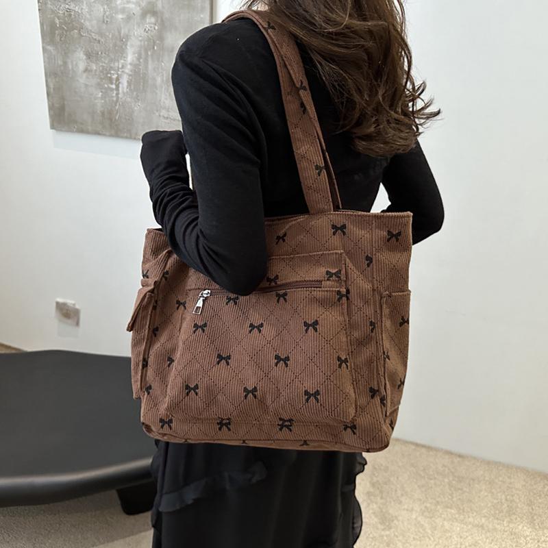Women Corduroy Tote Bag Stylish Large Capacity Casual Commuting Bag Bow Pattern Design Simple Shopping Bag Chic Handbags CLE