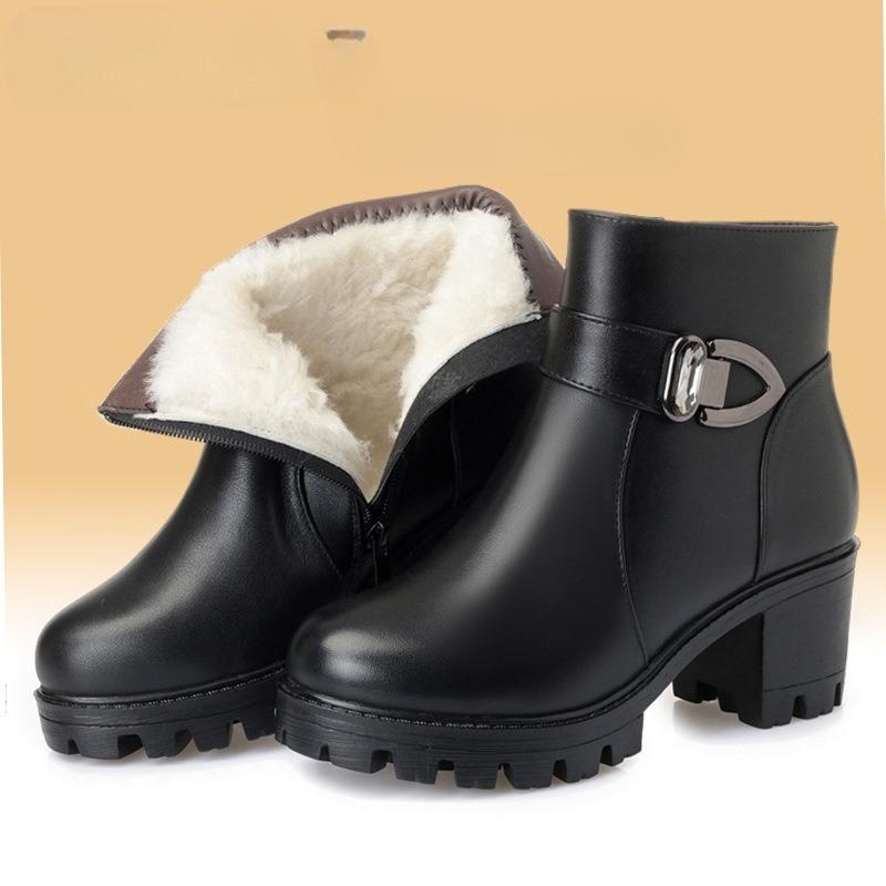 Winter Women's Boots Luxury Casual Leather Boots Plush Warm Snow Booties Mother Cotton Boots High Heel Ankle Booties Botas Mujer