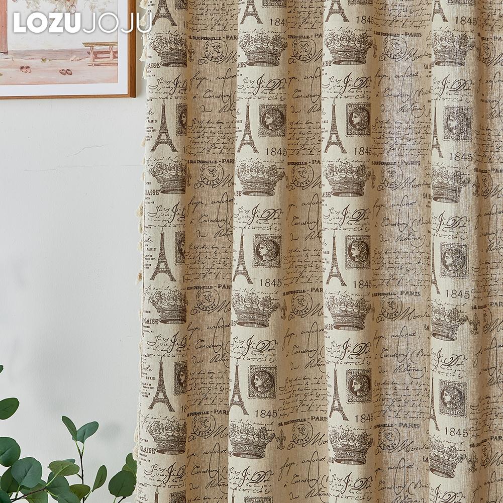 1PC LOZUJOJU Ins Style Vintage Eiffel Tower Printed Durable Tassel Edge Semi Blackout Curtains for Windows Balcony Bedroom Living Room Home Decor