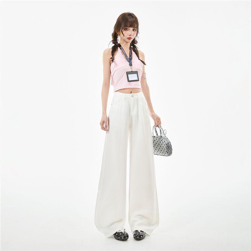 Spring Summer 100 Percent Tencel Lyocell Ice Silk YKK Pure White Cool Drape Wide Leg Denim Pants For Women Casual Pants Oversize Denim Trousers