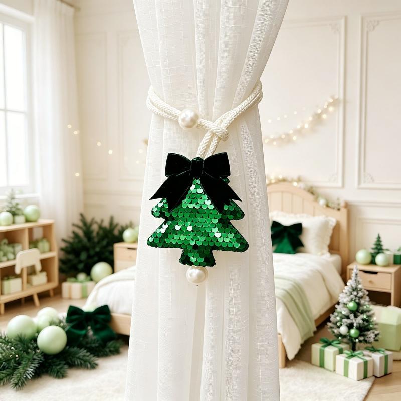 Adjustable Christmas Tree Curtain Tieback Exquisite Plush Snowflakes Curtain Rope Decorative With Ball Pendant