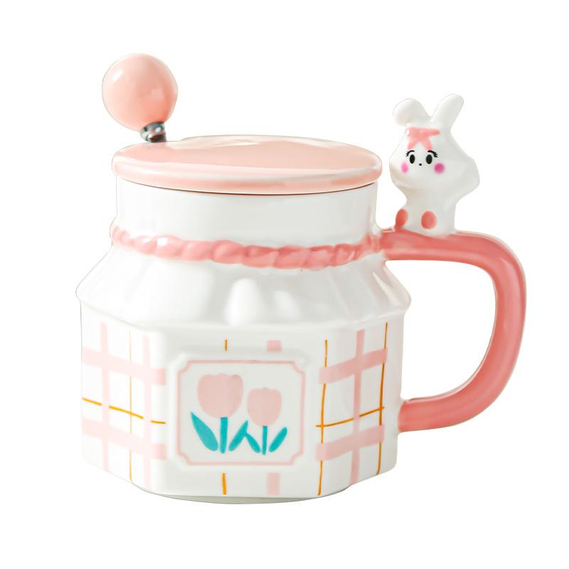 Tulip Rabbit Flower Couple Mug Creative High Value Home Office Ceramic Cup Coffee Cup with Lid