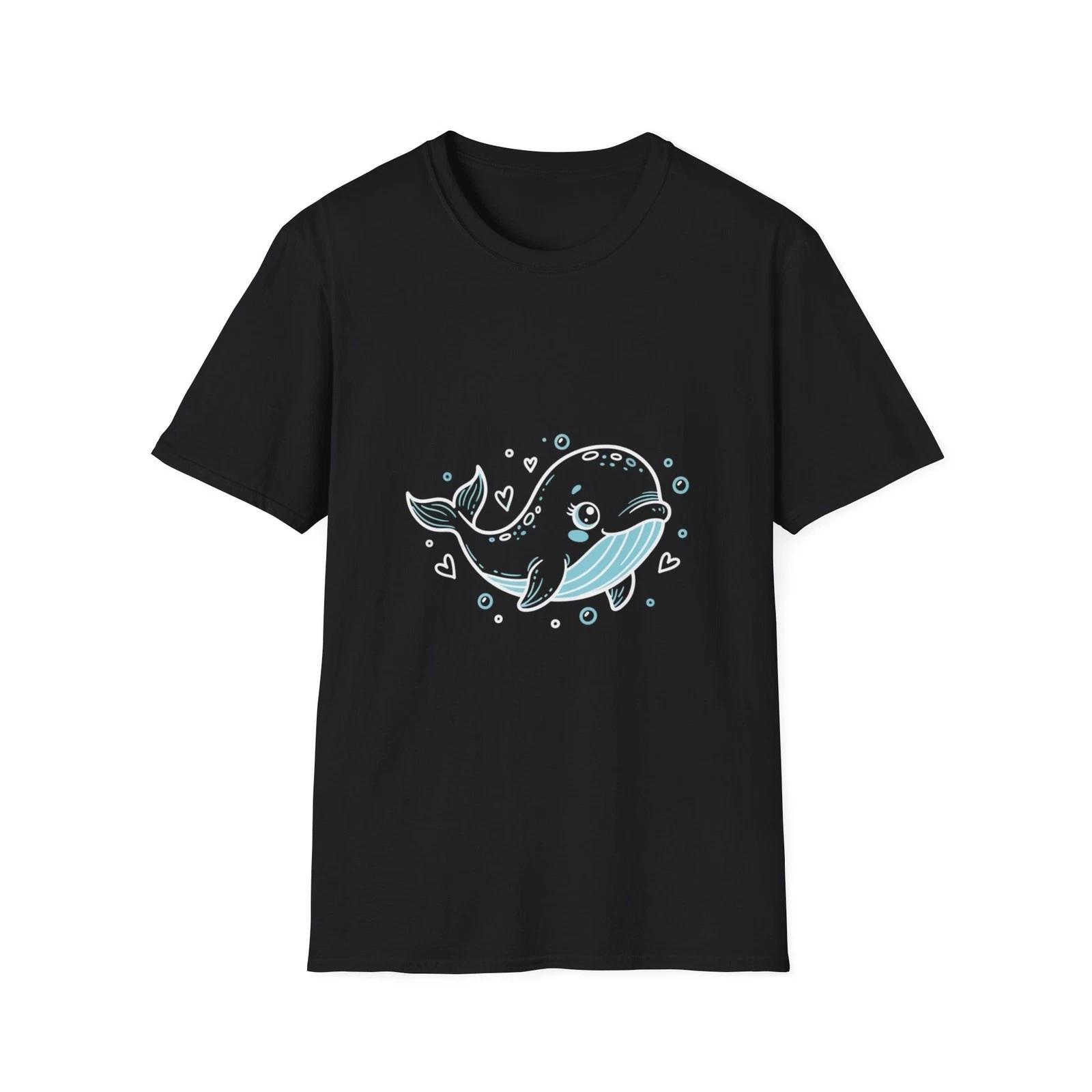 Whale Cute Cartoon Kawaii Black Tee Ocean Marine Graphic T-Shirt M
