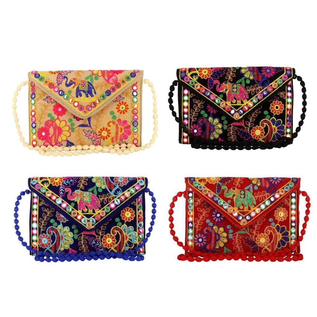 Clutch Bags for Women Handmade Embroidery Mirror Work Stylish Sling Bags for Women Cross Body Bags for Ladies and Girls - 22X16 Cm