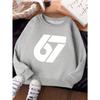 Unisex Kids Crewneck Sweatshirt For Over 4 Years Old Boys Girls Minimalist White Geometric Number 67 Graphic Soft Pullover Top For 4-12 Children