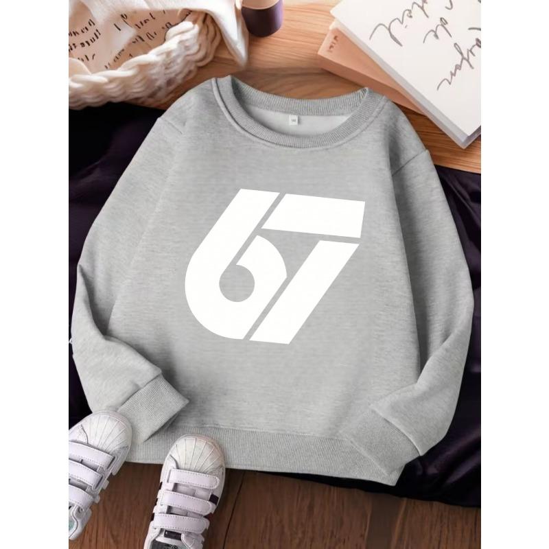 Unisex Kids Crewneck Sweatshirt For Over 4 Years Old Boys Girls Minimalist White Geometric Number 67 Graphic Soft Pullover Top For 4-12 Children
