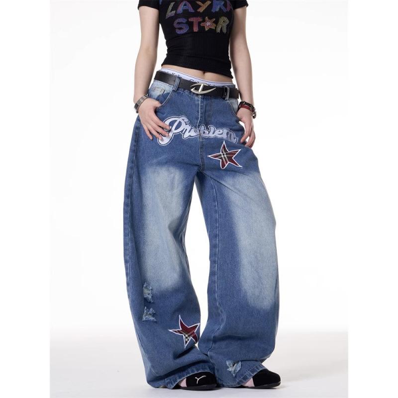 New letter and star embroidered gradient wide-leg jeans for women, loose, casual, versatile, textured, floor-length pants