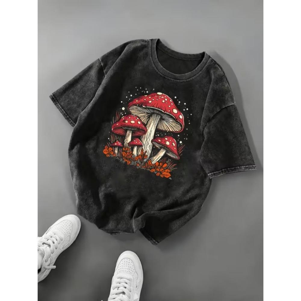 Psychedelic Eye Mushroom Print T-Shirt Unisex Washed Black Oversized Tee Y2K Streetwear Shirt Aesthetic