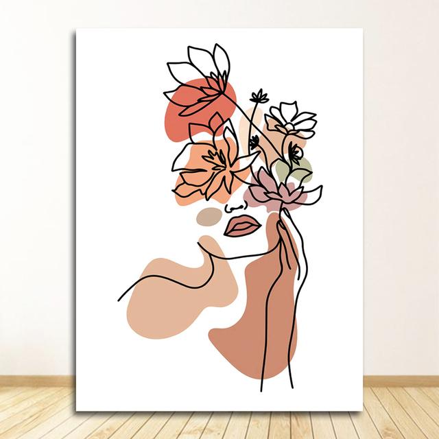 Wandbilder für Wohnzimmer, Salon, Heimdekoration, Wandkunst, Leinwand, Malerei, Blumenmädchen, abstraktes Gesicht, nordische Poster und Drucke