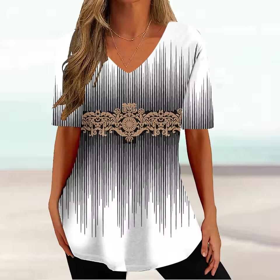 Vintage V-neck Women's T-shirt Summer Outdoor Casual Short Sleeve Tops Fashion Black Stripe Printing OverSize Clothing