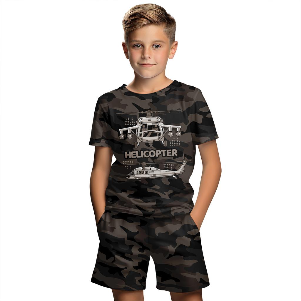 Summer Round Neck 3D Camouflage Printed Set Fashionable and Casual Short Sleeved Shorts Children's Boy Clothing Sets