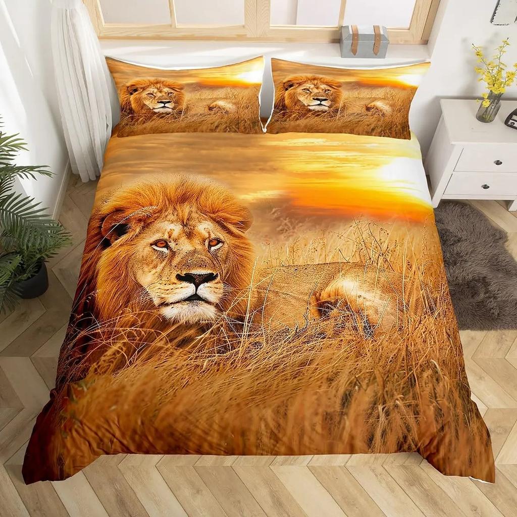 Lion Duvet Cover Set King Queen Hand Drawn Animal Bedding Set Graffiti Abstract Art Quilt Cover Wildlife Vintage Comforter Cover