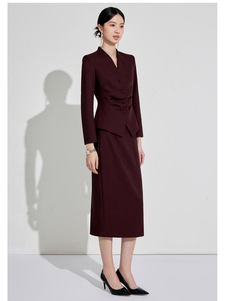 2025 High-End Women's Navy Blue V-Neck Suit Skirt Set - Formal, Slim-Fit, Professional Wear