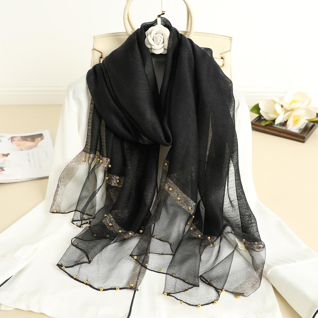 Solid Beading women scarf summer silk scarves lady shawl wrap hijab foulard female bandana pashmina Pearl jewel headband