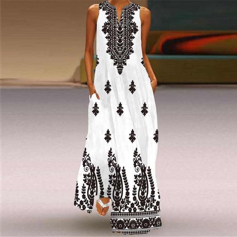 2026 New Summer Women's Sleeveless V-Neck Printed Sexy Dress Long Dress European and American Women's Clothing