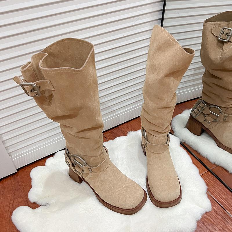 2025 new belt buckle boots women's thick heel high heel stacking boots European and American western cowboy boots frosted knight boots