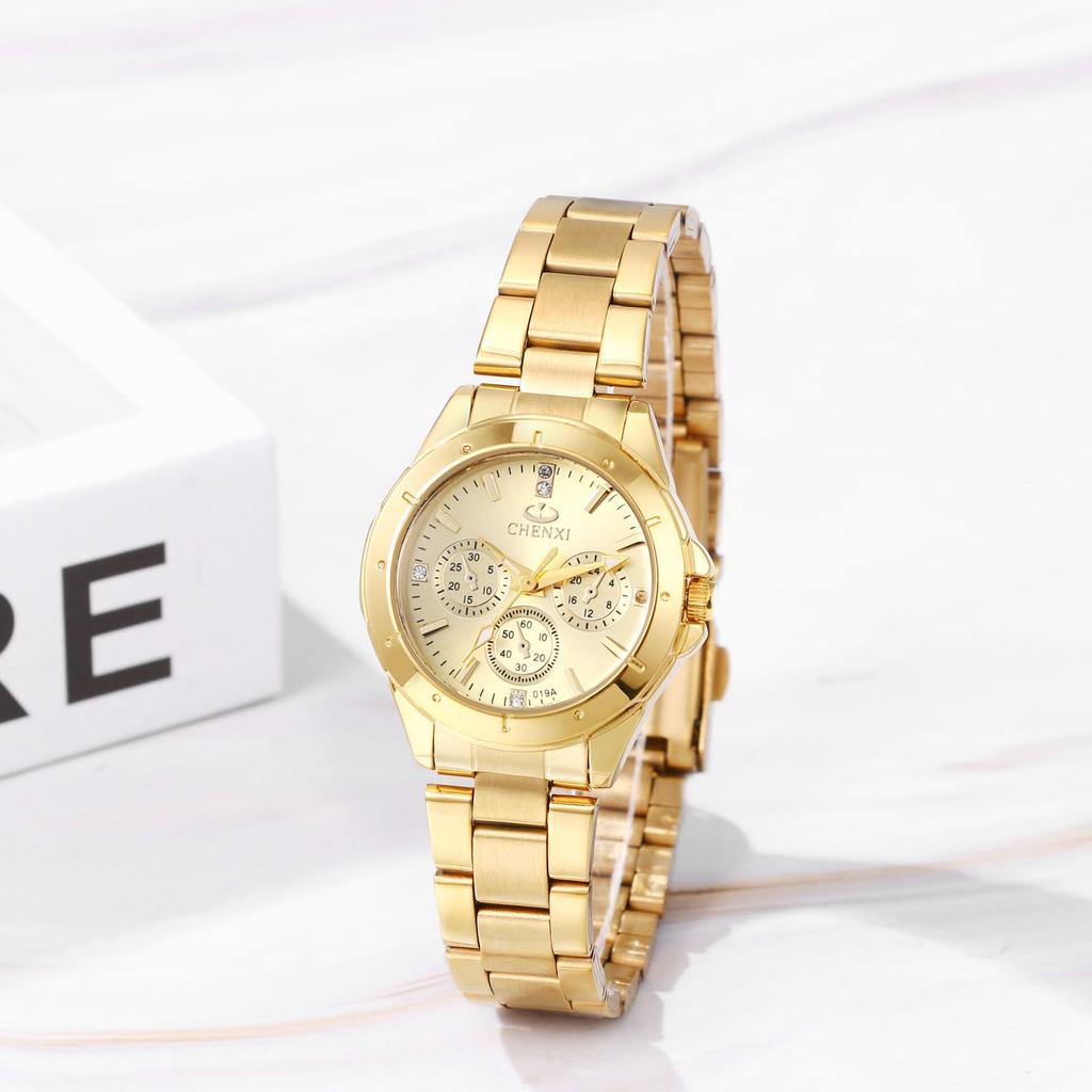 Women's Watch with Round Dial, Rainproof, Large Dial, Triple Lens, Stainless Steel, Bar Index, Quartz Movement, Adjustable, Gold Dial, Perfect Gift