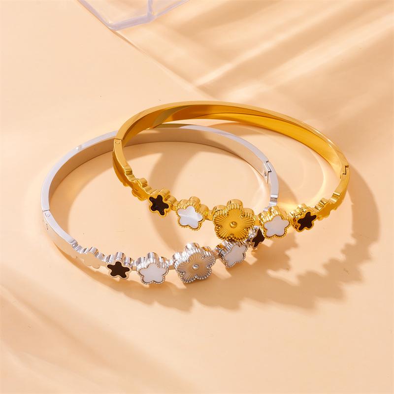 Gold Plated Clover Flower Shell Open Cuff Bangle – Dainty Vintage Jewelry, Luck Gift for Women