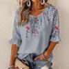 Women's Retro Floral Print Ruffle Three-Quarter Sleeve Blouse with Tie Neck