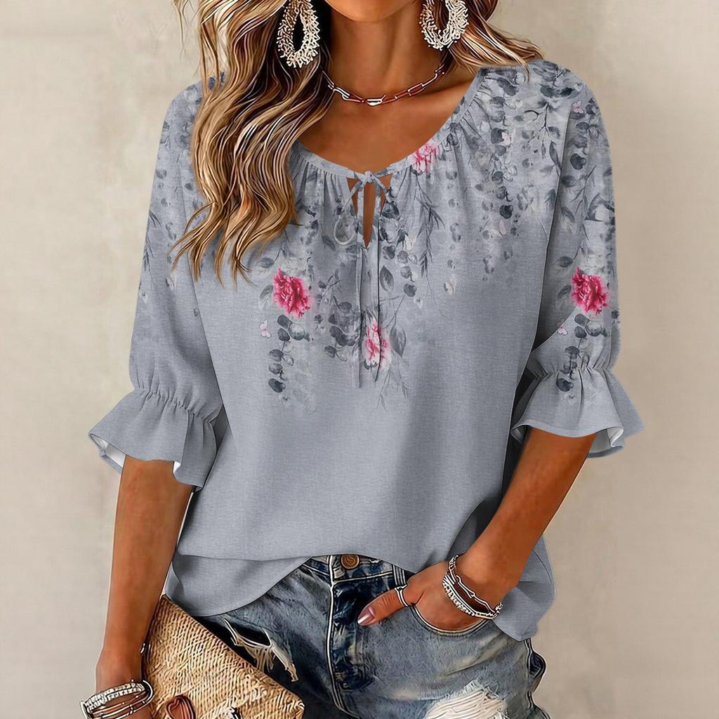 Women's Retro Floral Print Ruffle Three-Quarter Sleeve Blouse with Tie Neck