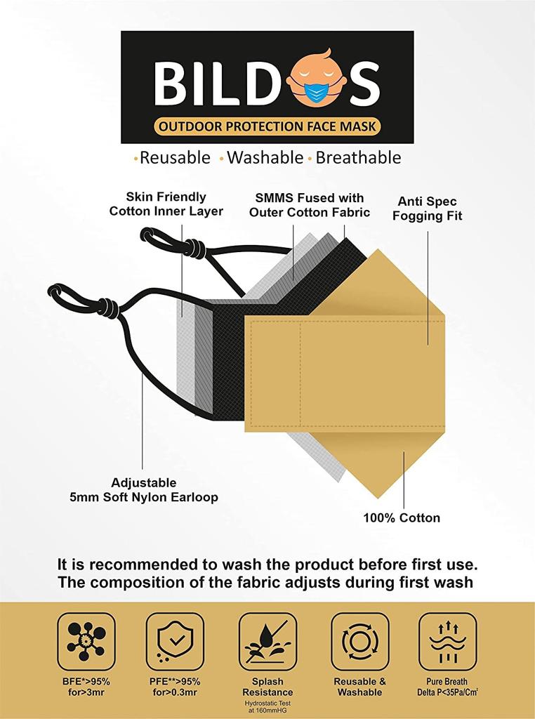 Bildos Cotton Mask For Kids (7 To 13 Years) with Adjustable Straps (Pack of 6)