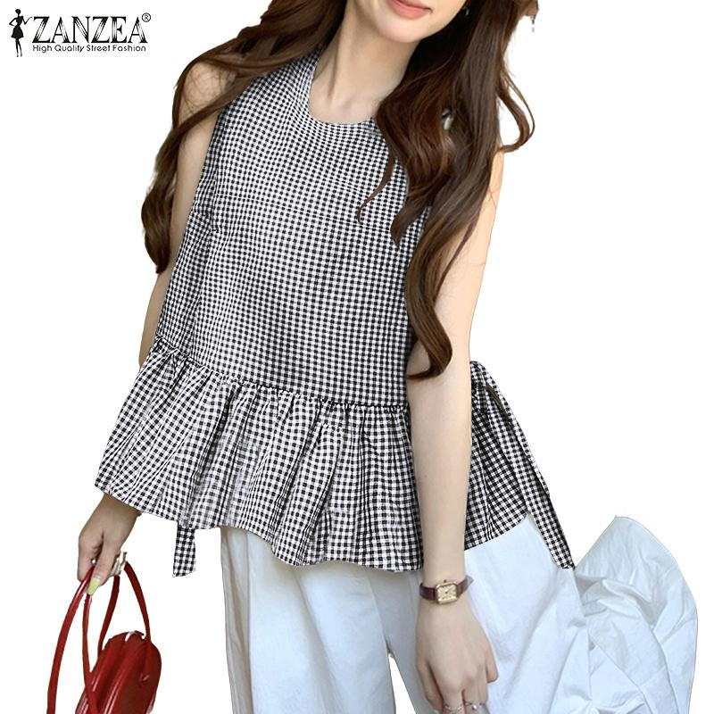 ZANZEA Women Casual Round Neck Summer Sleeveless Grid Print Tank Tops