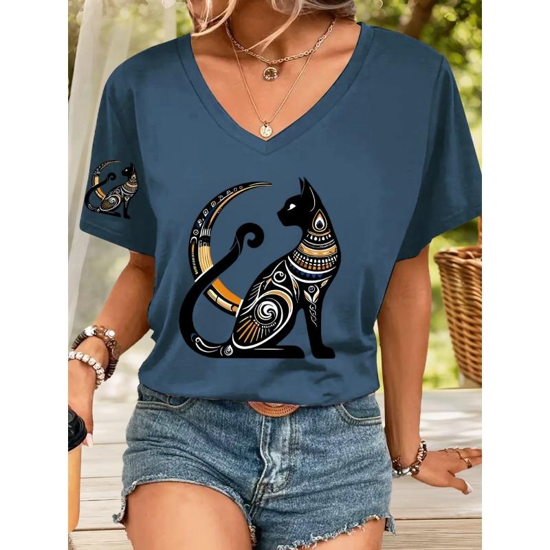 2026 New Summer Women's Fashion T-Shirt Short Sleeve 3D Cat Print Top Tees V-Neck Casual