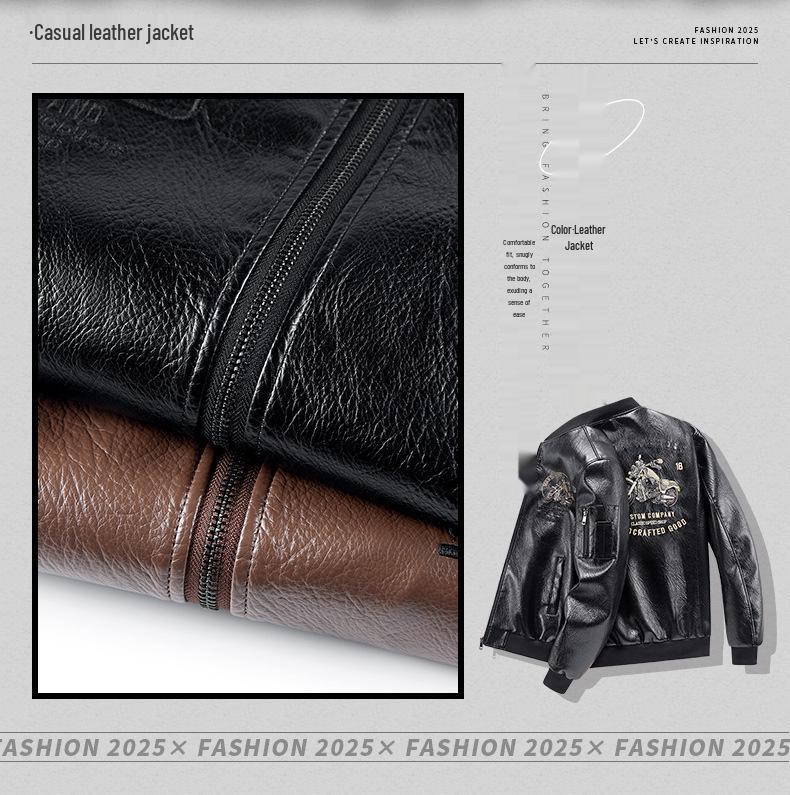 Veste de vol tendance en cuir grande taille pour homme - Automne Col montant de motard avec design brodé