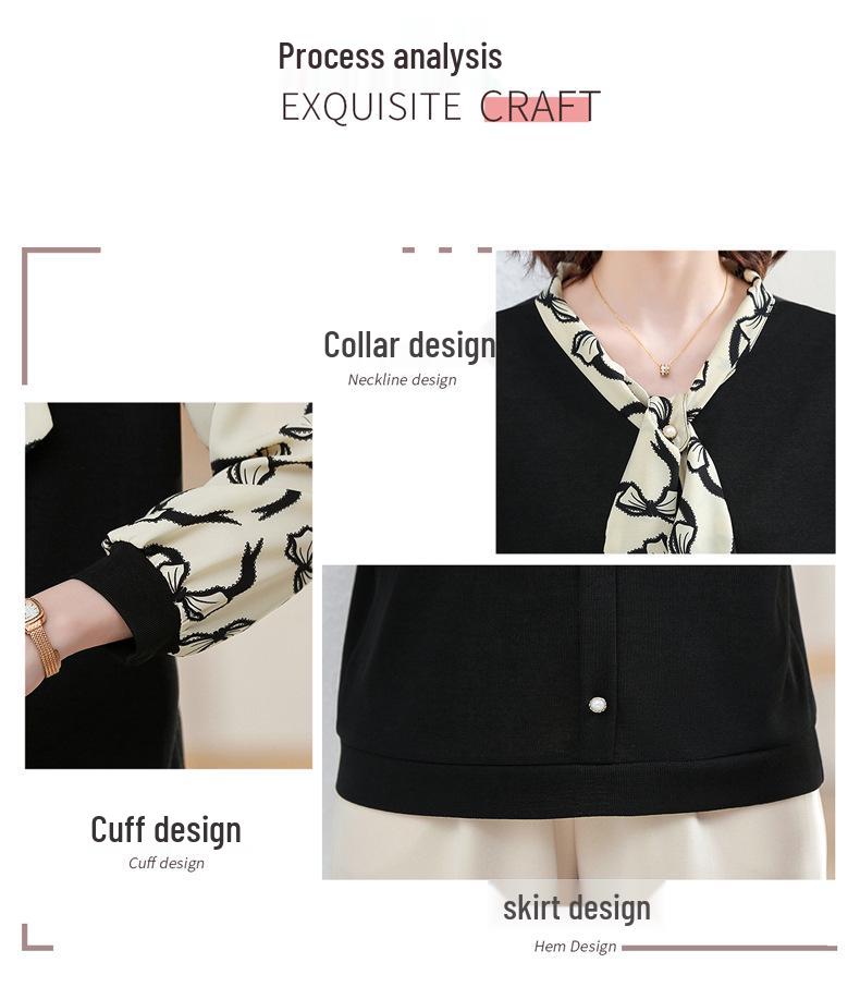 Stylish Printed Bow Tie Chiffon Top for Middle-Aged and Elderly Women – Loose Fit, Long-Sleeved, Plus Size