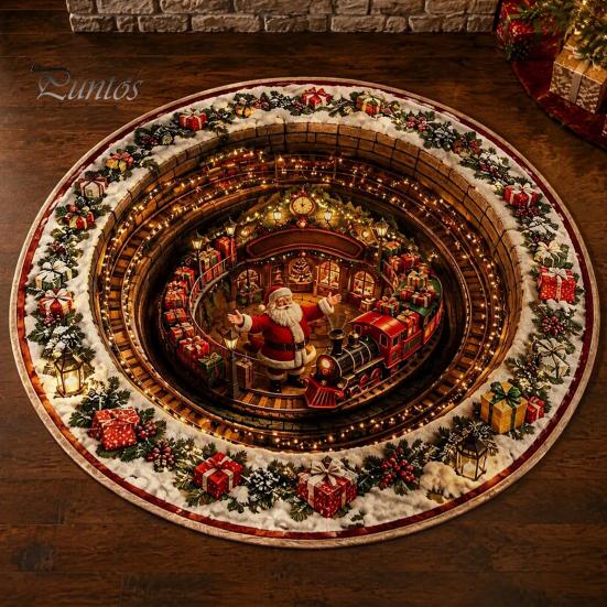 Winter Welcome Mat 3D Christmas Round Rug, Optical Illusion Area Santa Claus Deep Hole Festive Indoor Floor Prints, Non-slip Rug for Entrance